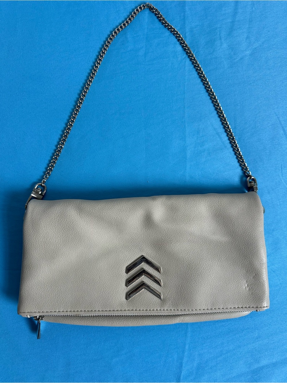 Express Fold-Over Clutch Cream Crossbody Bag with Silver Chain